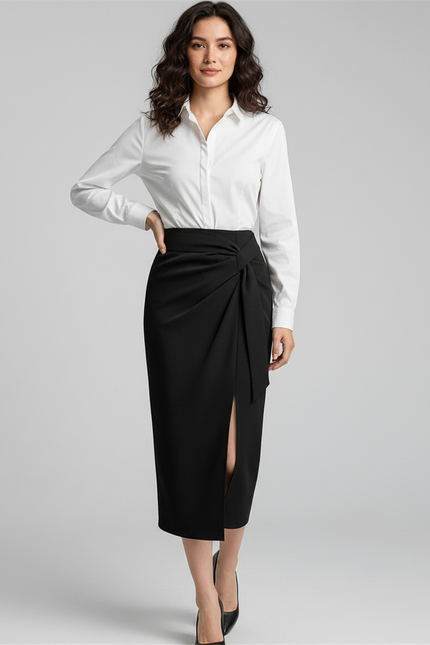 Jupe Portefeuille Noire Mi Longue