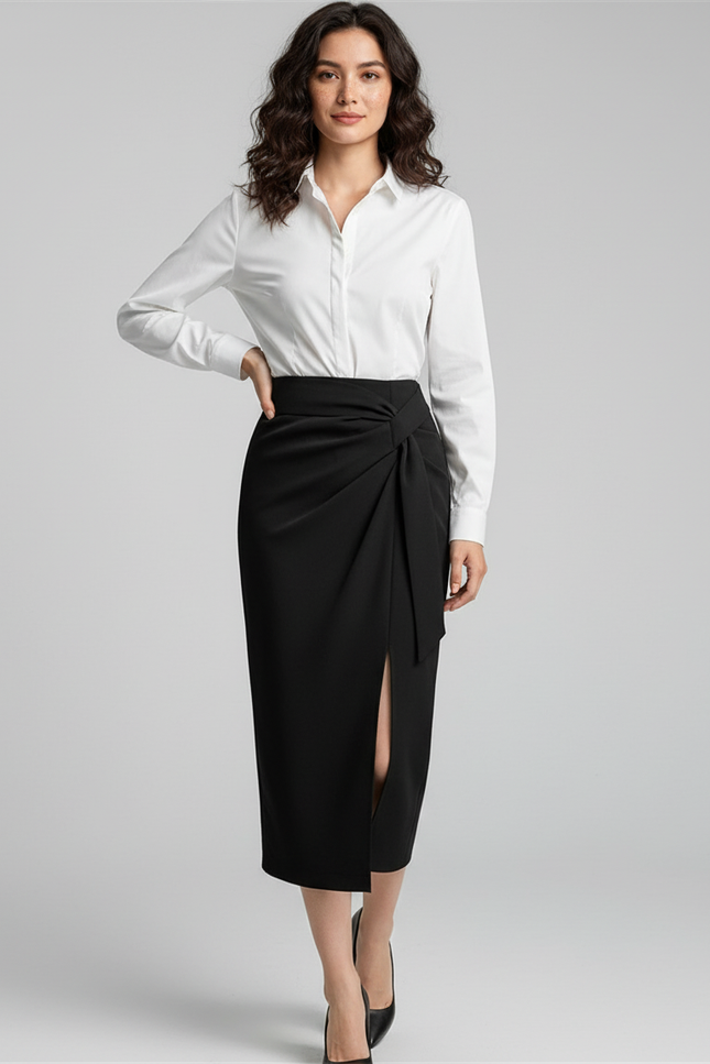 Jupe Portefeuille Noire Mi Longue