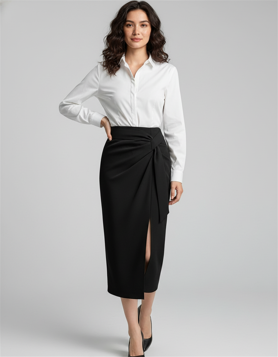 Jupe Portefeuille Noire Mi Longue