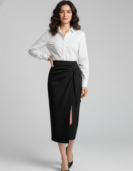 Jupe Portefeuille Noire Mi Longue