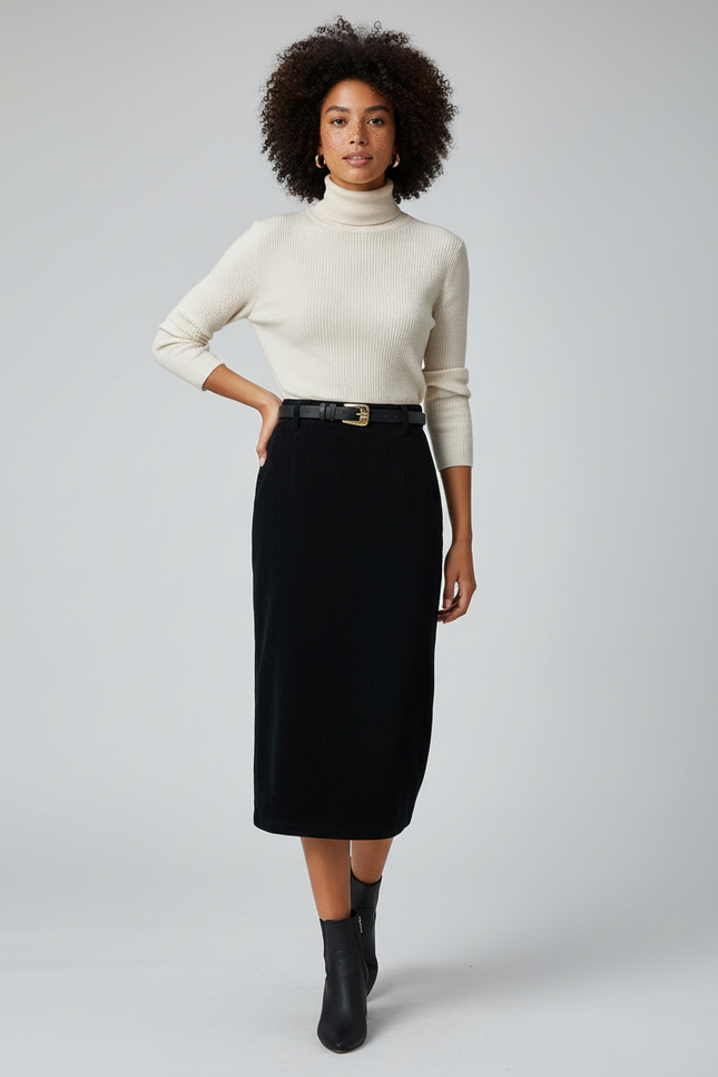 Jupe Portefeuille Noire Côtelée Vintage