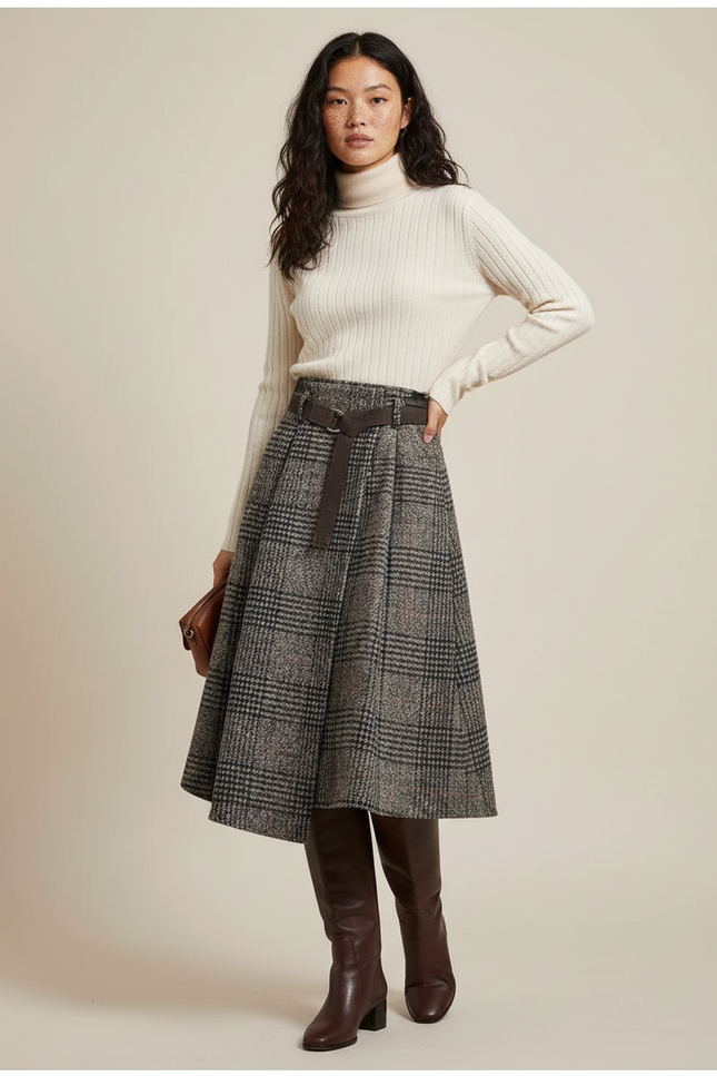 Jupe Portefeuille Gris Carreaux Chic