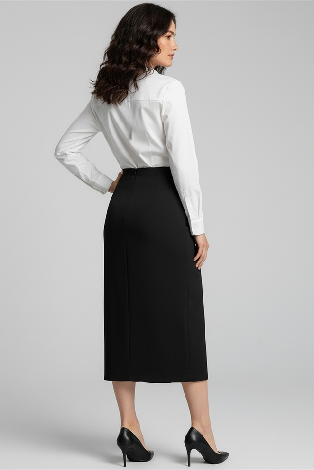 Jupe Portefeuille Noire Mi Longue