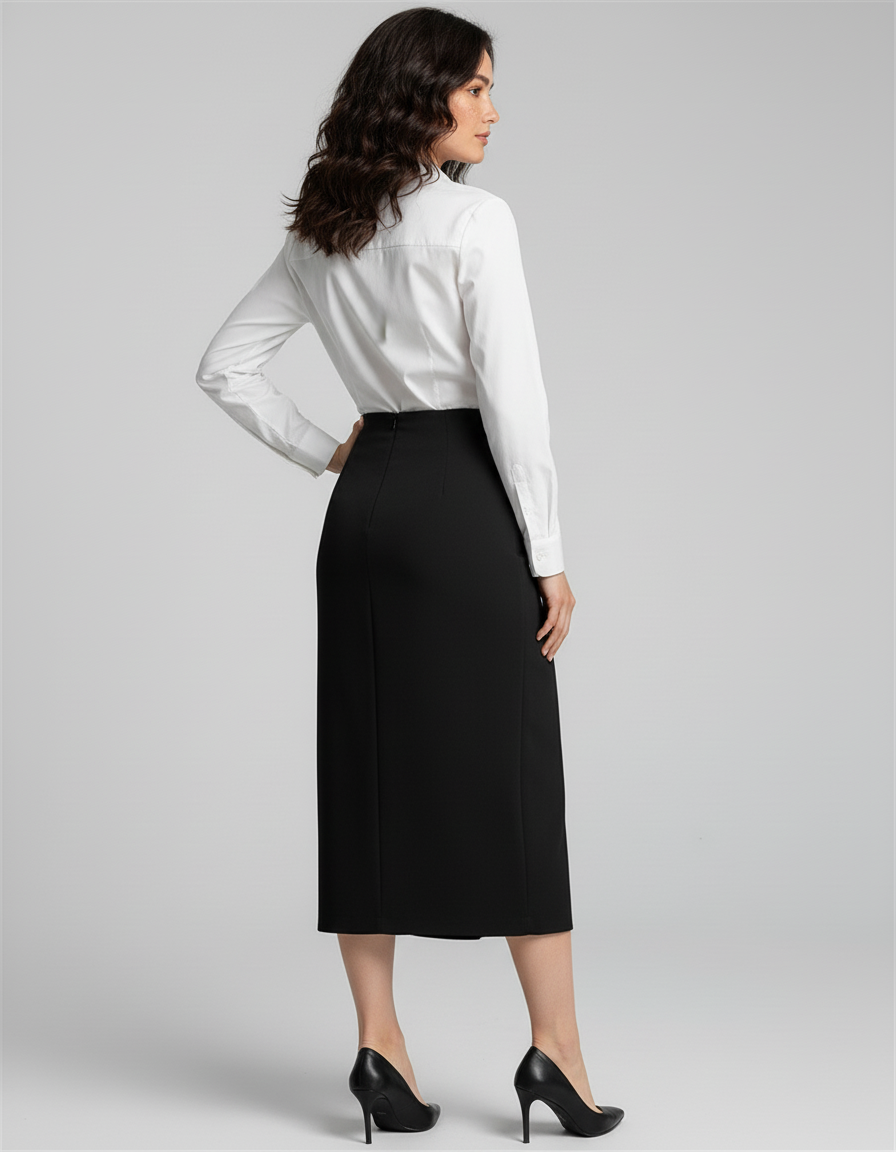 Jupe Portefeuille Noire Mi Longue